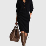 Eveline | Strickkleid Midi Langarm mit Knopfleiste Damen Rippstrick