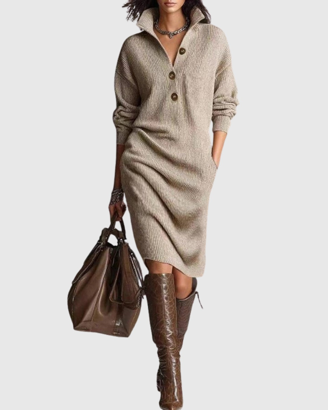 Eveline | Strickkleid Midi Langarm mit Knopfleiste Damen Rippstrick