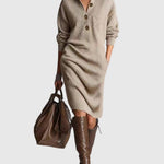 Eveline | Strickkleid Midi Langarm mit Knopfleiste Damen Rippstrick