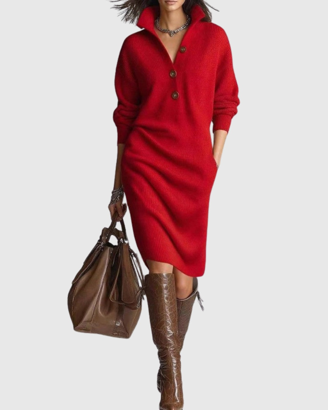 Eveline | Strickkleid Midi Langarm mit Knopfleiste Damen Rippstrick