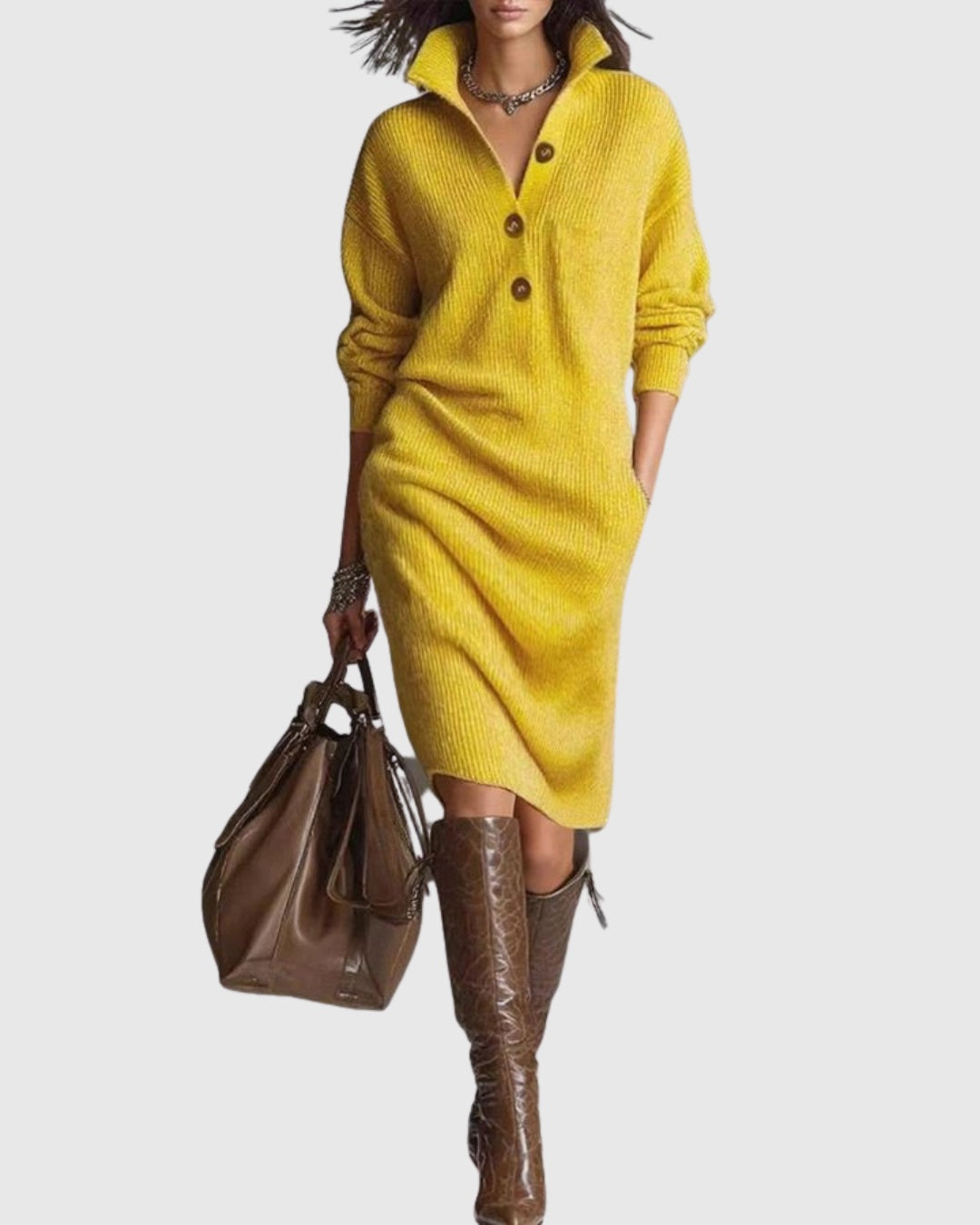 Eveline | Strickkleid Midi Langarm mit Knopfleiste Damen Rippstrick
