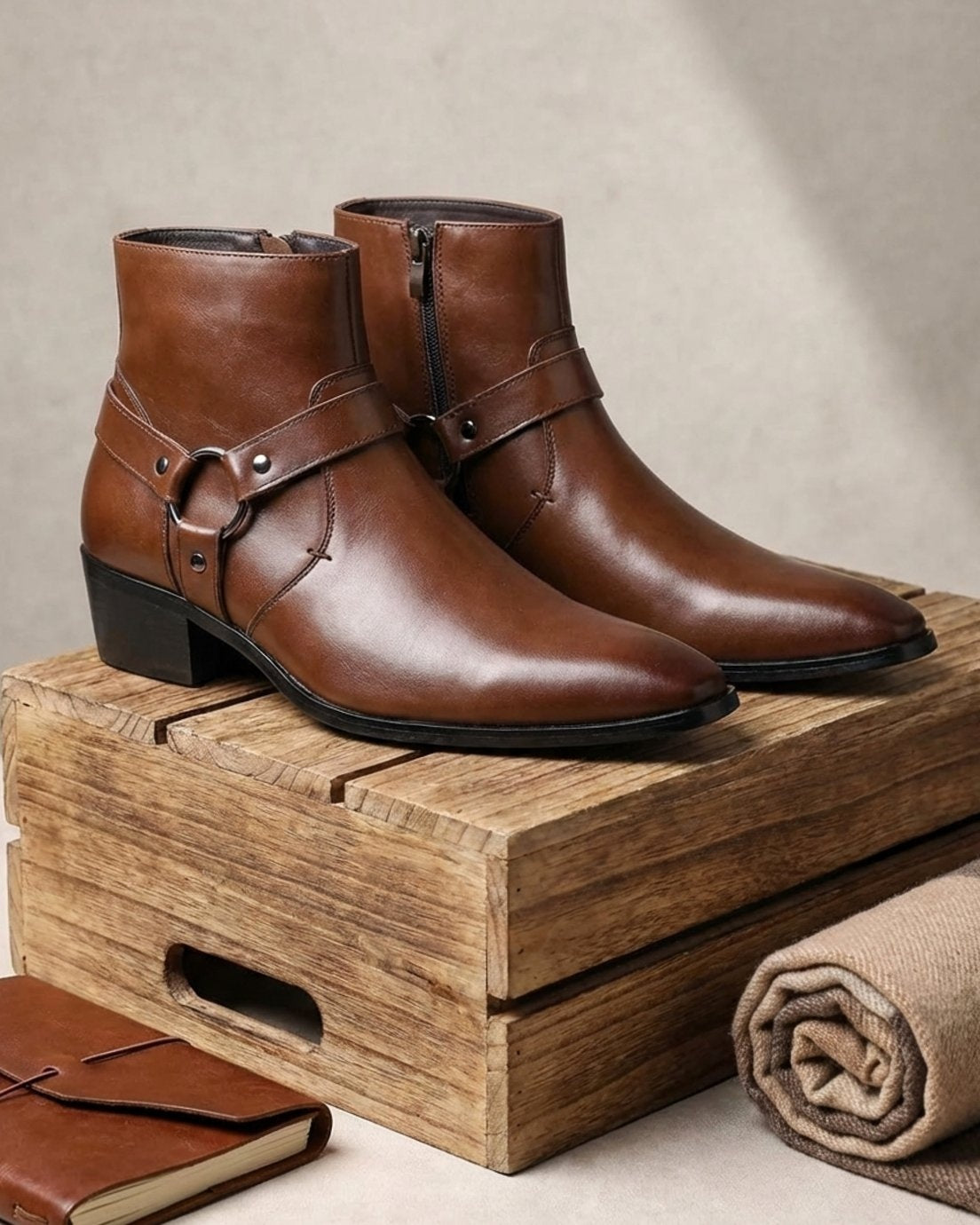 Fabian | Leder Stiefel Herren mit Harness-Riemen Spitze Zehenform Blockabsatz