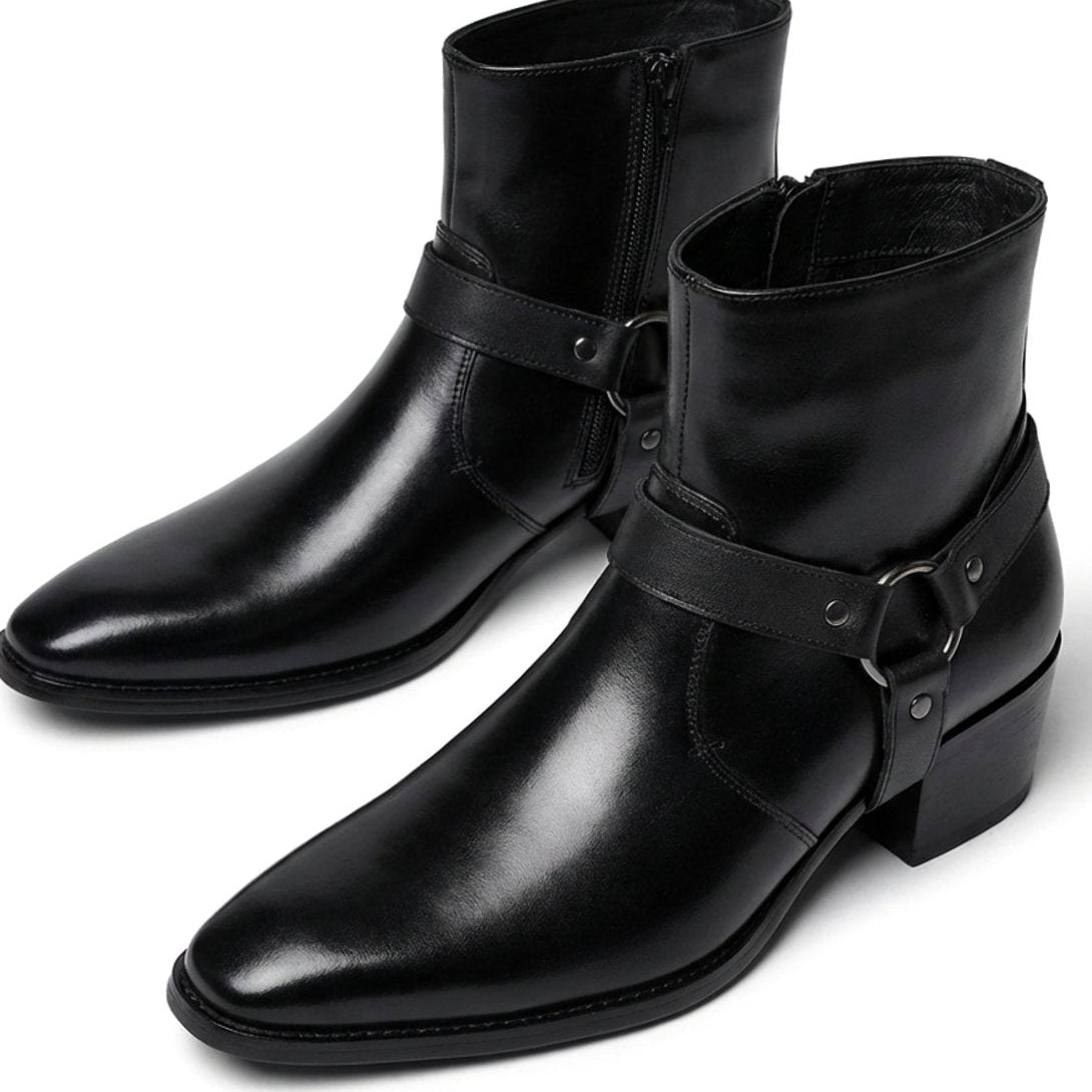 Fabian | Leder Stiefel Herren mit Harness-Riemen Spitze Zehenform Blockabsatz