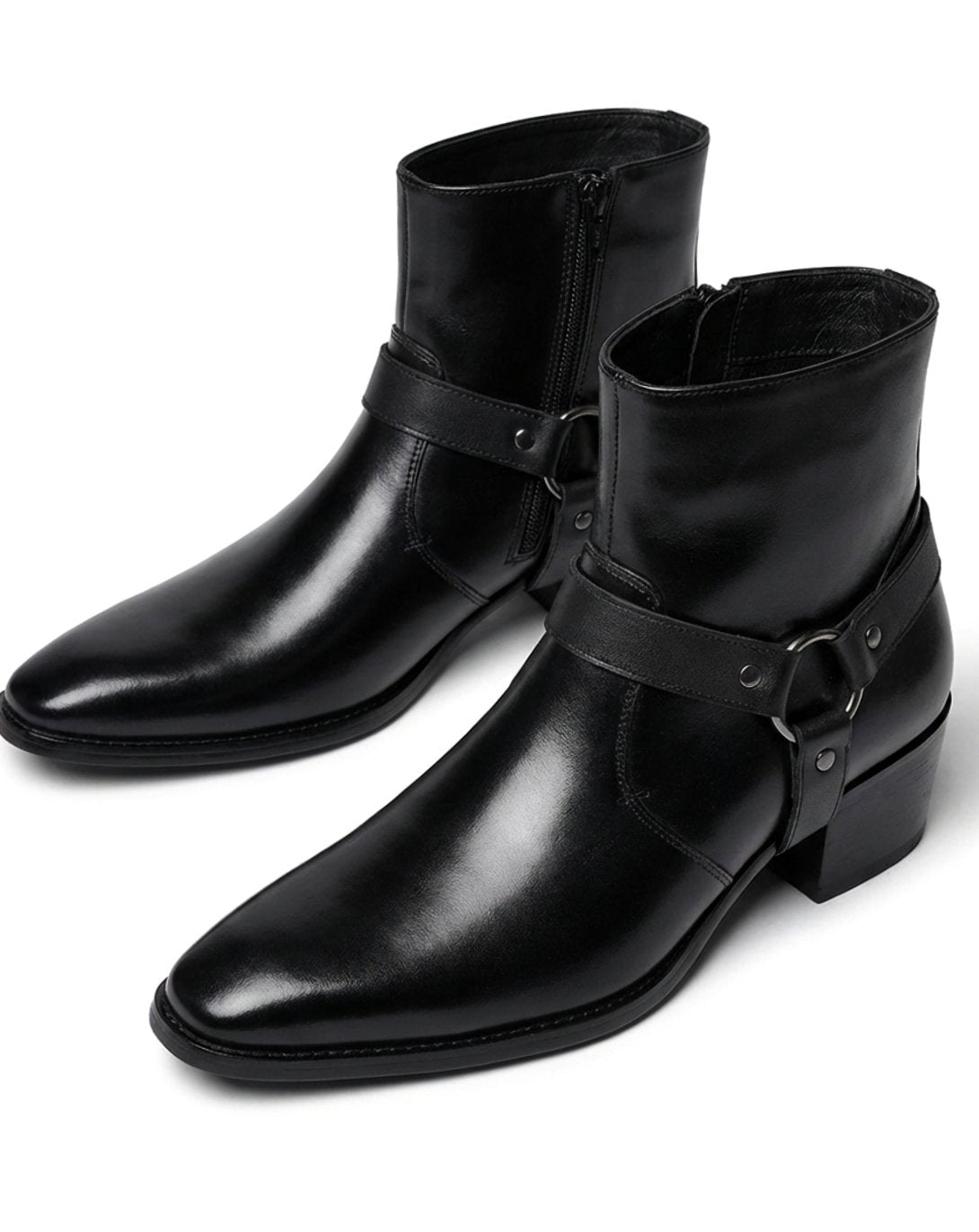 Fabian | Leder Stiefel Herren mit Harness-Riemen Spitze Zehenform Blockabsatz