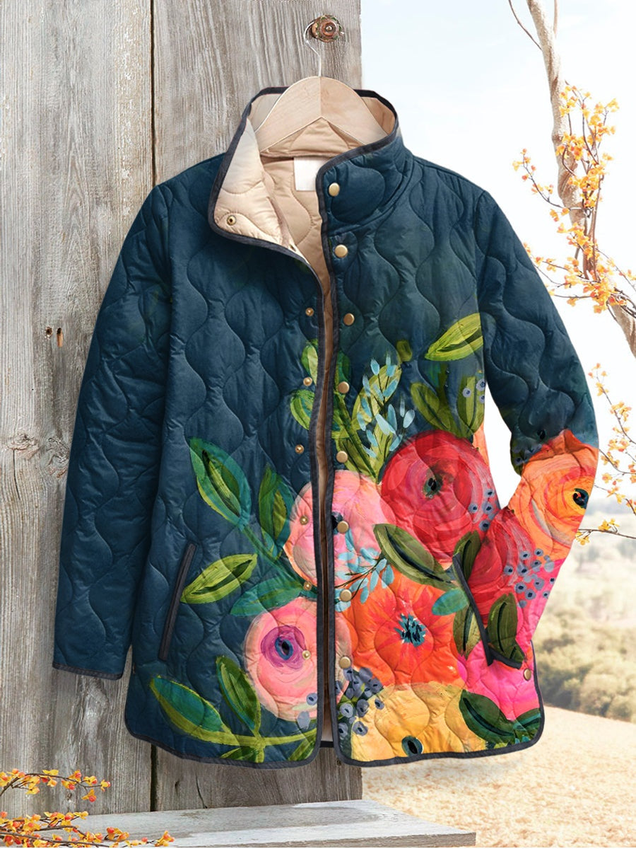Fiona | Steppjacke Mantel Damen Floral Aufdruck Langarm