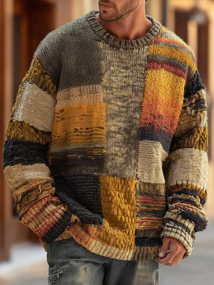 Gregor | Strickpullover Rundhals Herren Patchwork Grobstrick