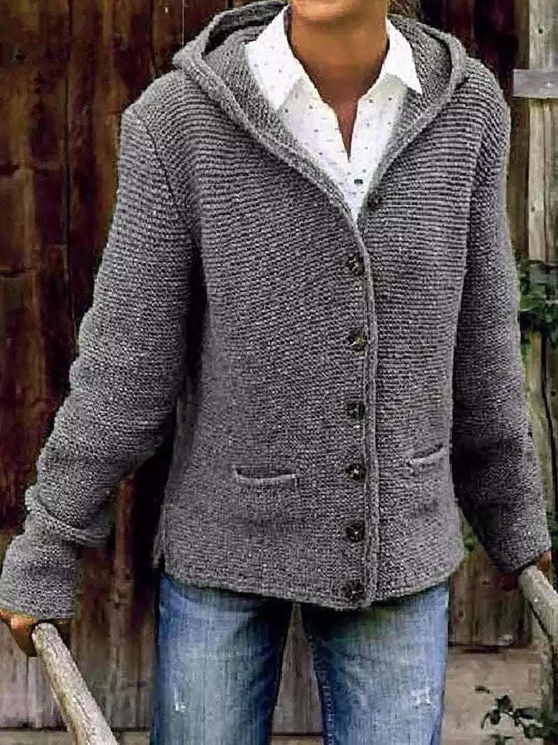 Hannah | Strickjacke Damen mit Kapuze Langarm Knöpfe