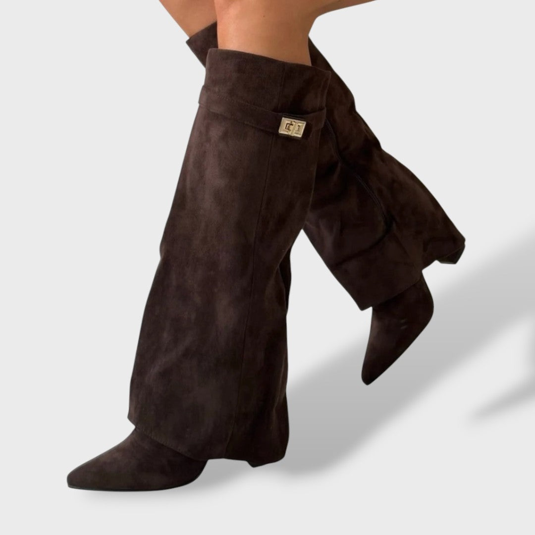 Heidi | Kniehohe Stiefel Damen Veloursleder Blockabsatz