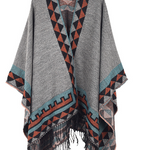 Heidi | Poncho Damen Ethno-Muster mit Fransen Cape