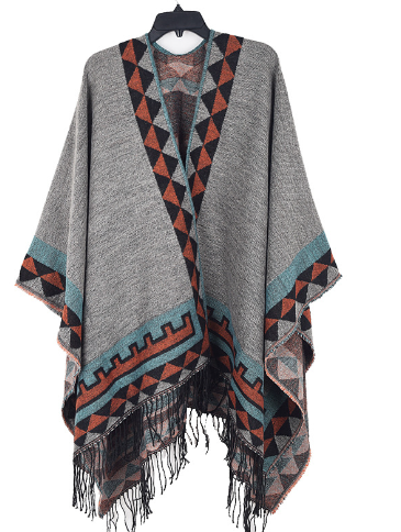 Heidi | Poncho Damen Ethno-Muster mit Fransen Cape