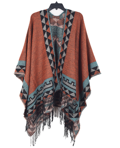 Heidi | Poncho Damen Ethno-Muster mit Fransen Cape