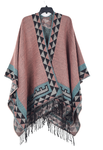 Heidi | Poncho Damen Ethno-Muster mit Fransen Cape