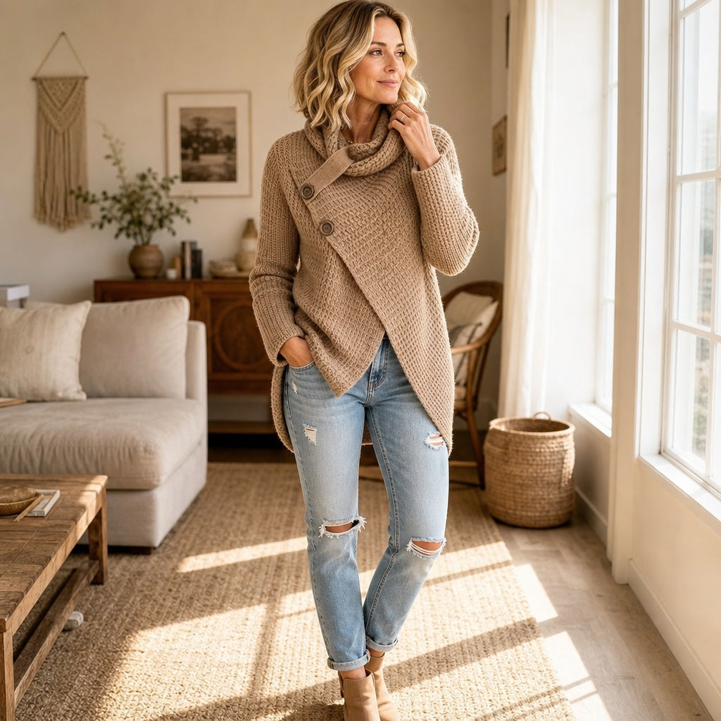 Isabelle | Grobstrick Pullover mit Schalkragen Damen Asymmetrisch
