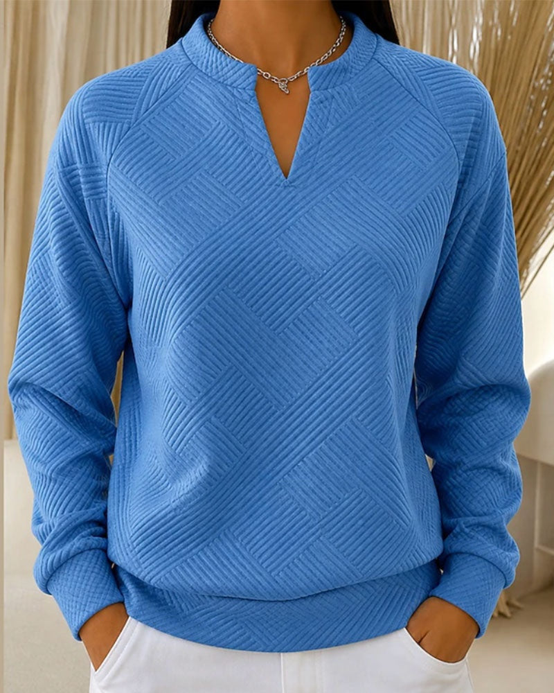 Johanna | Sweatshirt aus Baumwollmischung mit V-Ausschnitt Damen Raglanärmel Strukturmuster