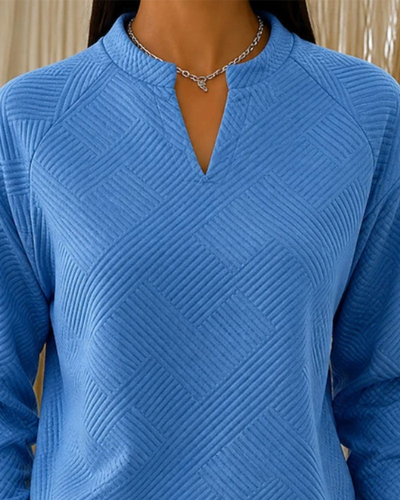 Johanna | Sweatshirt aus Baumwollmischung mit V-Ausschnitt Damen Raglanärmel Strukturmuster