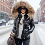 Johanna | Winterjacke mit Fellkapuze Damen Wattiert Kurz Glänzend