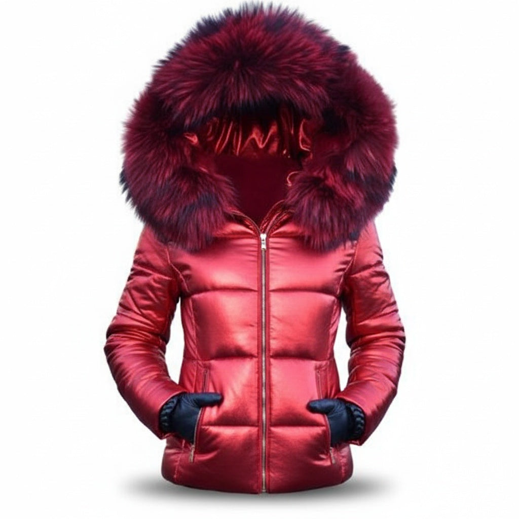 Johanna | Winterjacke mit Fellkapuze Damen Wattiert Kurz Glänzend