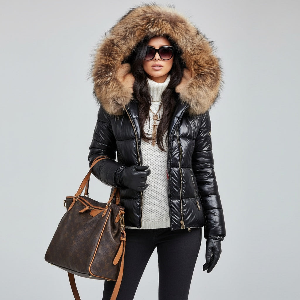 Johanna | Winterjacke mit Fellkapuze Damen Wattiert Kurz Glänzend