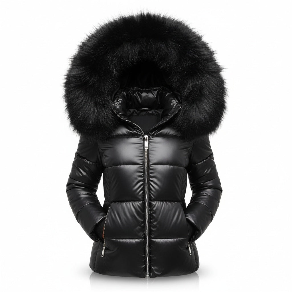 Johanna | Winterjacke mit Fellkapuze Damen Wattiert Kurz Glänzend