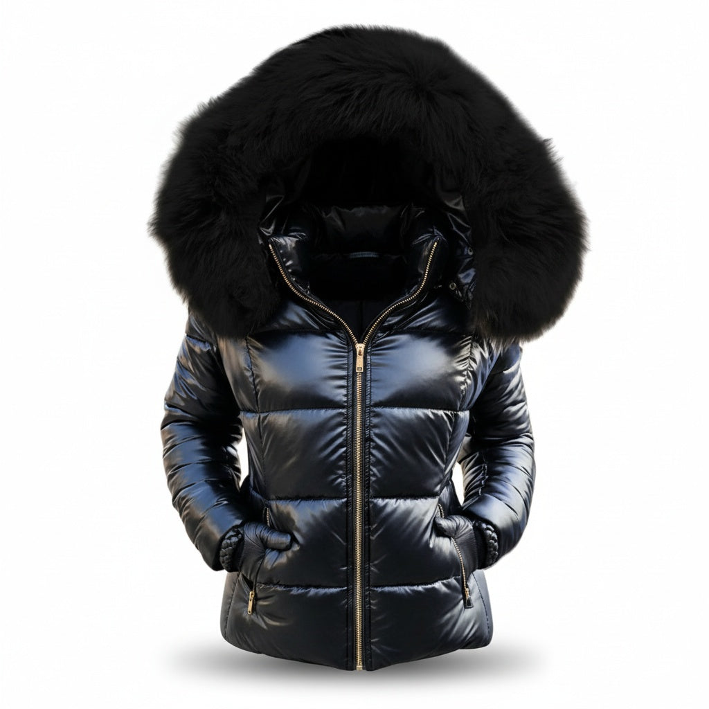 Johanna | Winterjacke mit Fellkapuze Damen Wattiert Kurz Glänzend