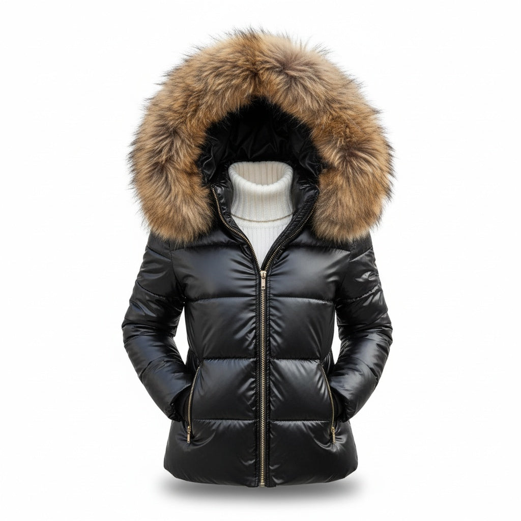 Johanna | Winterjacke mit Fellkapuze Damen Wattiert Kurz Glänzend
