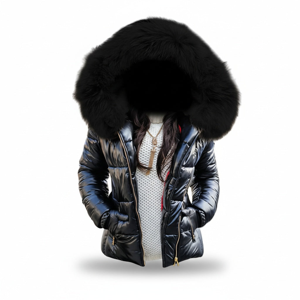 Johanna | Winterjacke mit Fellkapuze Damen Wattiert Kurz Glänzend