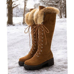 Josephine | Winterstiefel Damen Kunstwildleder Schnürung Kniehoch Plüschkragen