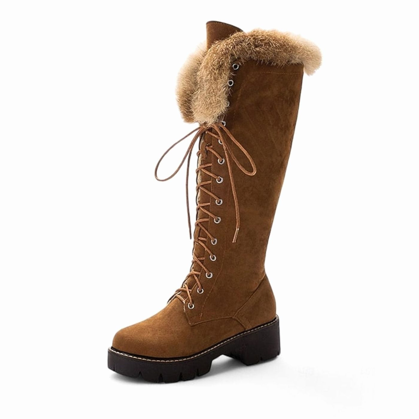 Josephine | Winterstiefel Damen Kunstwildleder Schnürung Kniehoch Plüschkragen