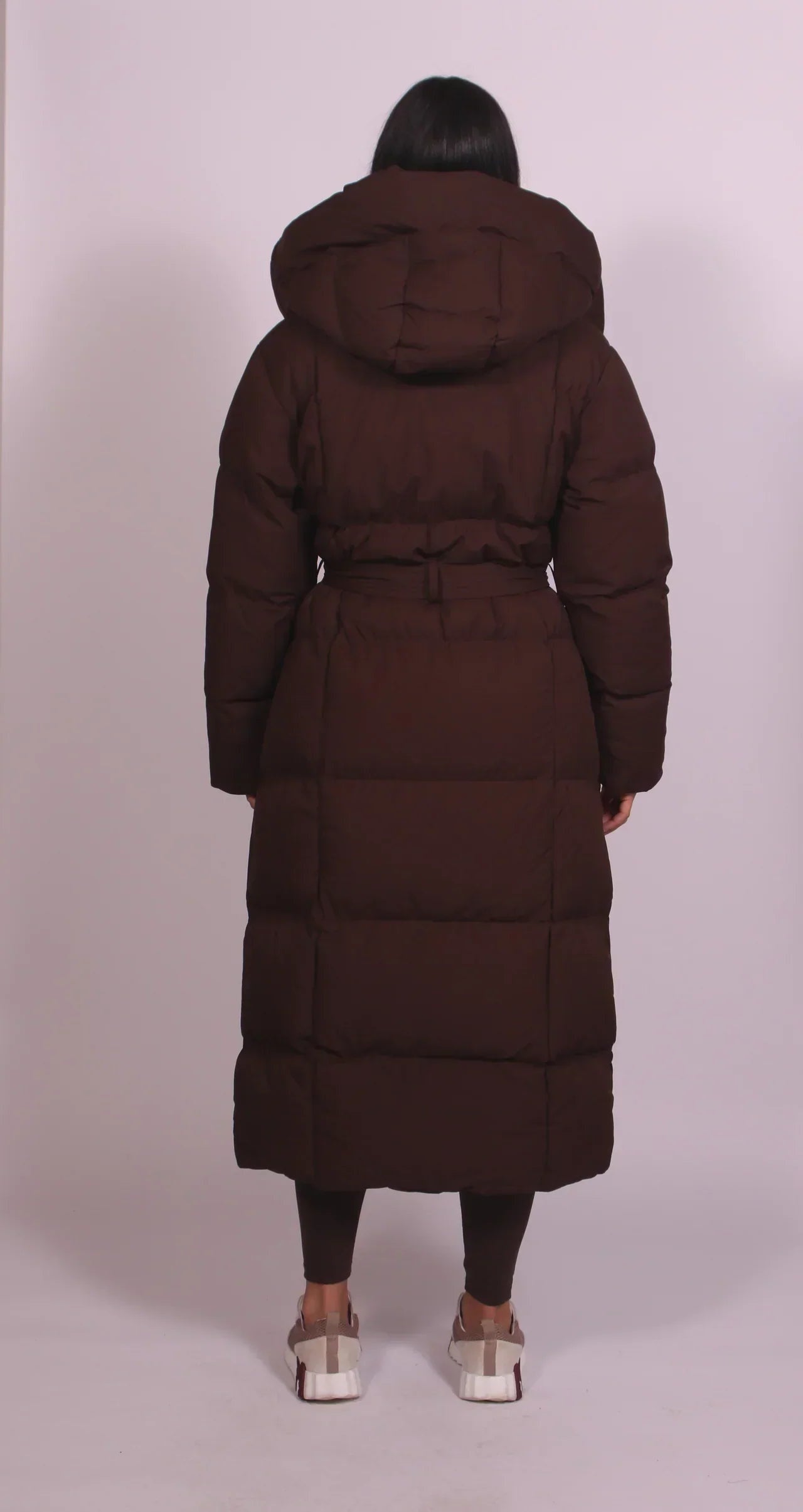 Katja | Lange Daunenjacke Damen mit Kapuze Taillengürtel