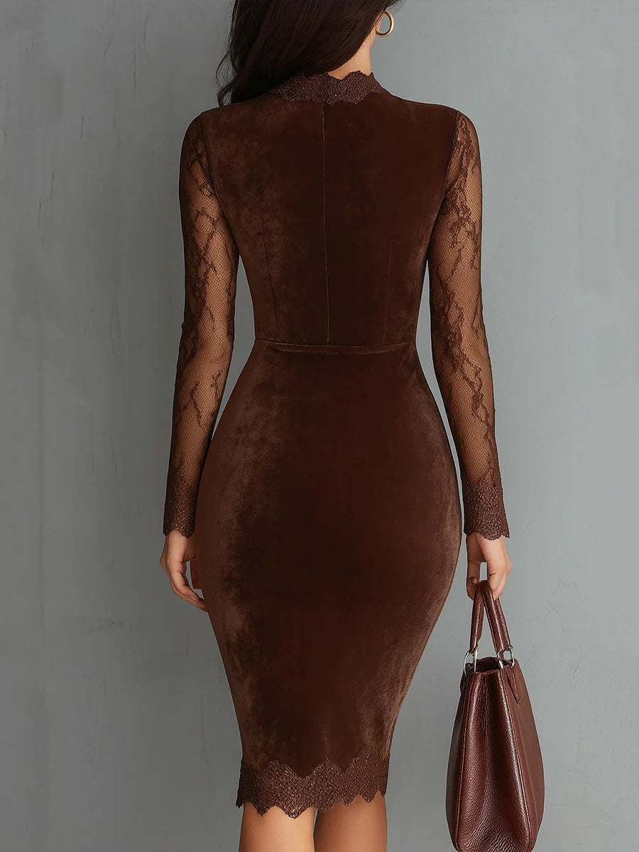 Katja | Samtkleid Damen Elegant Spitzenärmel Midi