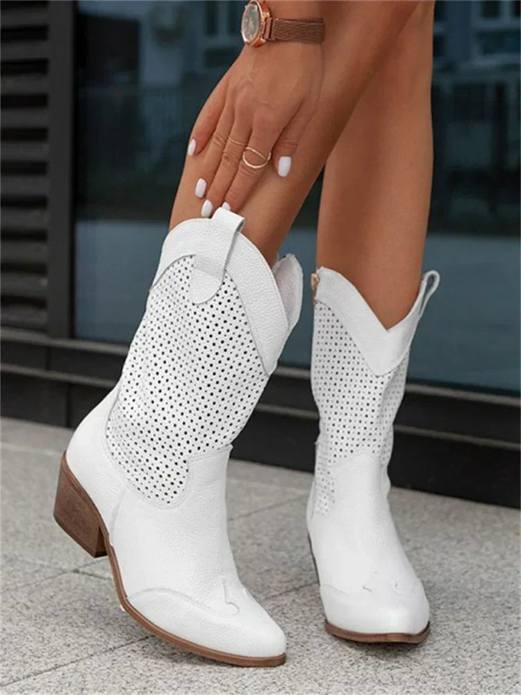 Leonie | Botas Camperas Damen Perforiert Blockabsatz