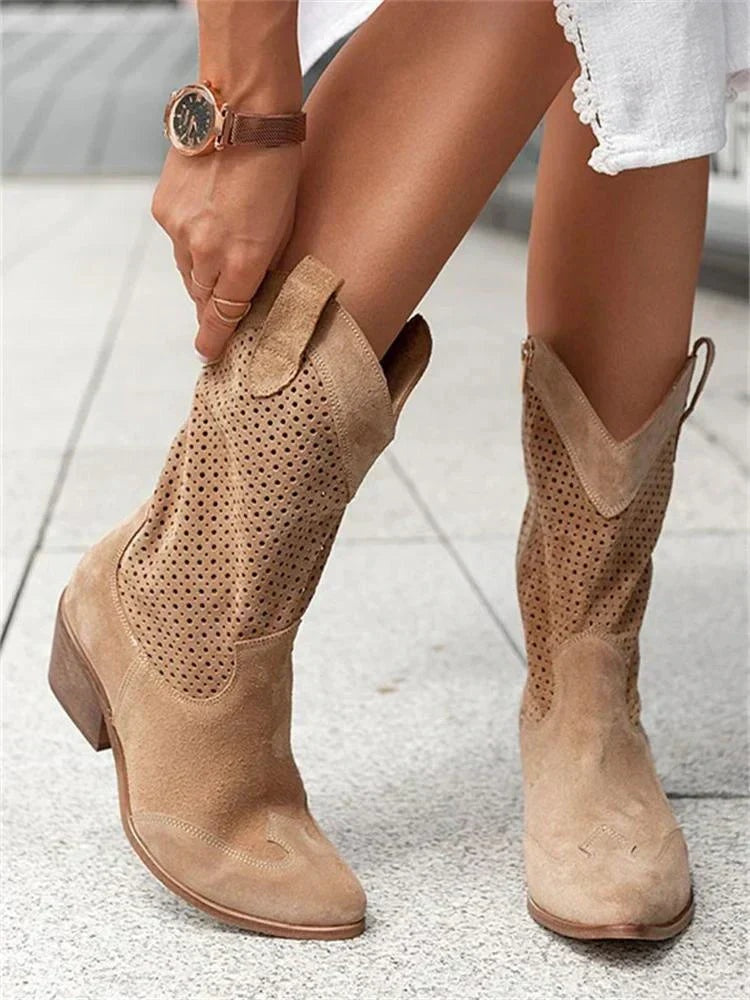 Leonie | Botas Camperas Damen Perforiert Blockabsatz