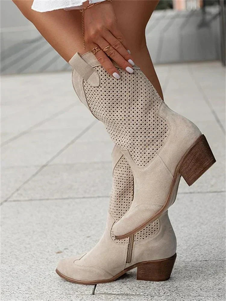 Leonie | Botas Camperas Damen Perforiert Blockabsatz