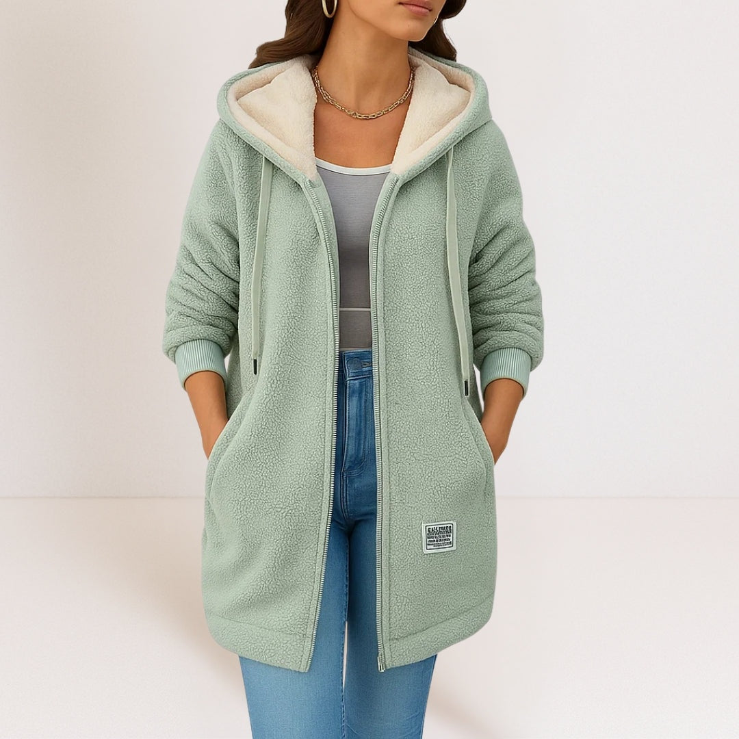 Leonie | Fleecejacke Damen Teddyfleece Lang mit Kapuze und Reissverschluss