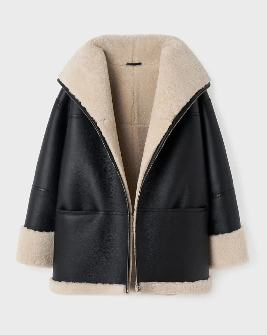 Leonie | Lammfelljacke Damen Oversize Kunstleder Teddy-Fell