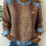 Levin | Sweatshirt mit Denim-Kontrastpaneelen Herren Leopardenmuster Rundhals