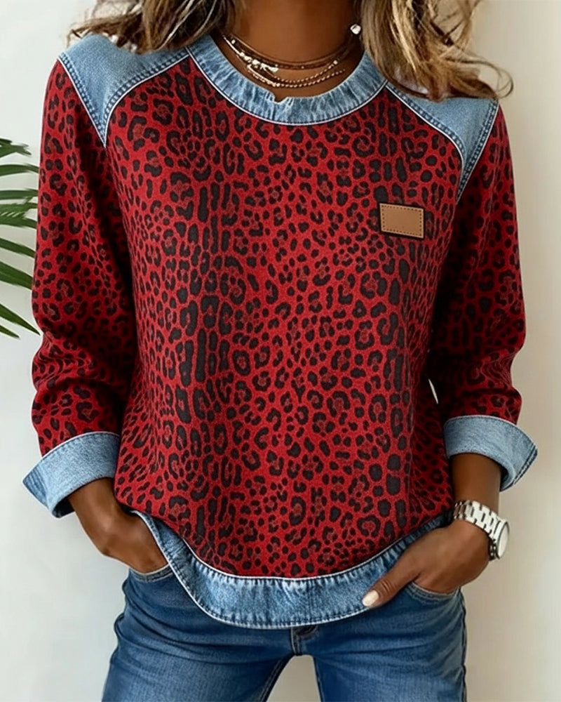 Levin | Sweatshirt mit Denim-Kontrastpaneelen Herren Leopardenmuster Rundhals