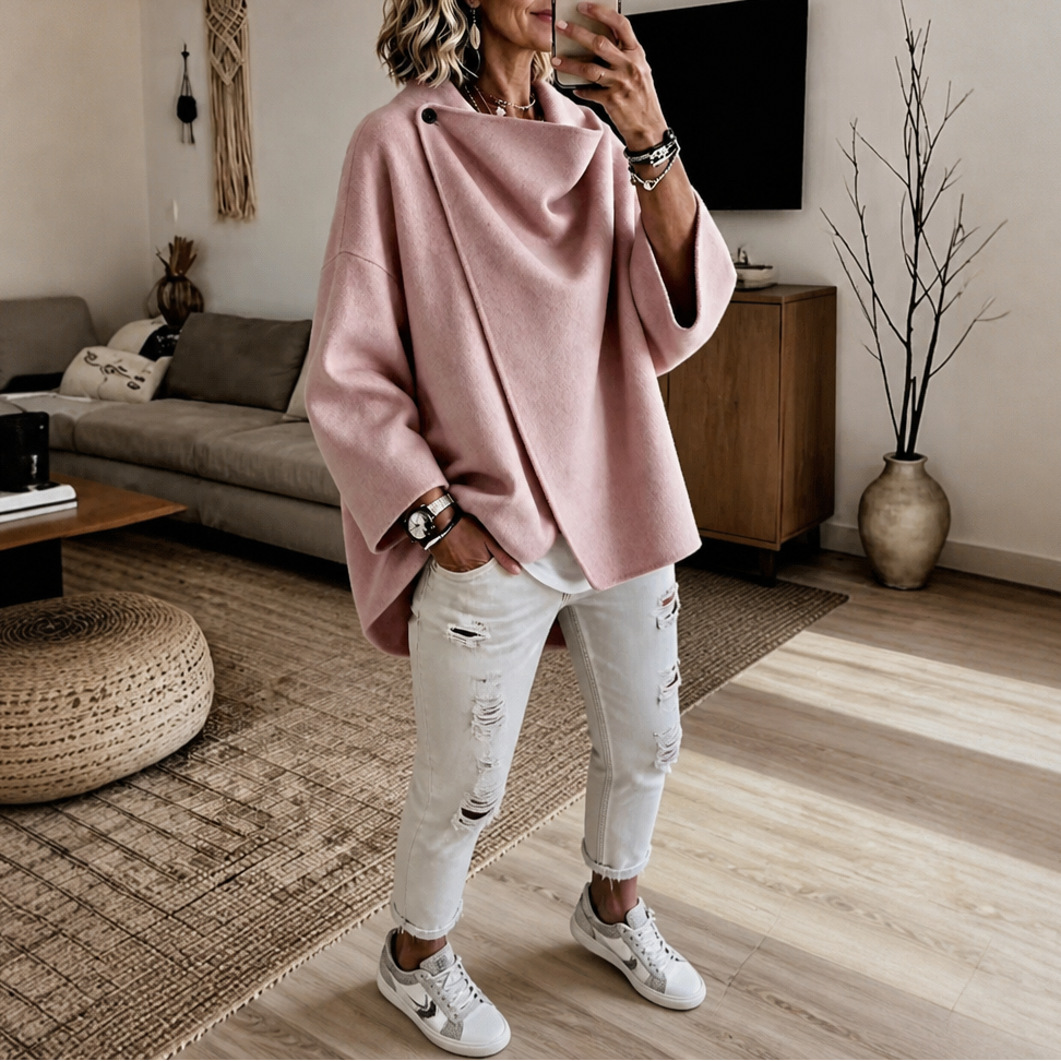 Magdalena | Cape Jacke mit Knopf Damen Oversize Drapierter Kragen