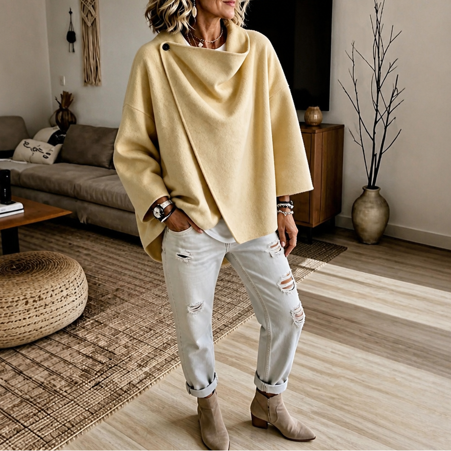 Magdalena | Cape Jacke mit Knopf Damen Oversize Drapierter Kragen