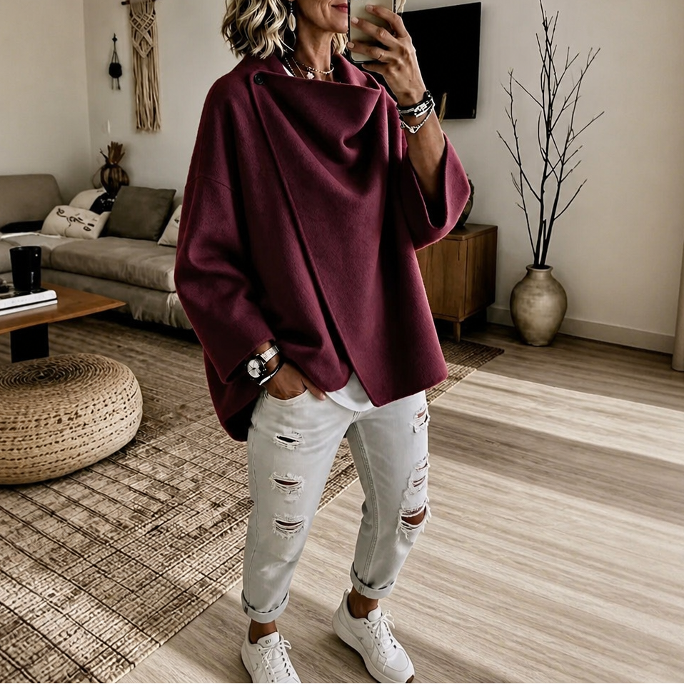 Magdalena | Cape Jacke mit Knopf Damen Oversize Drapierter Kragen
