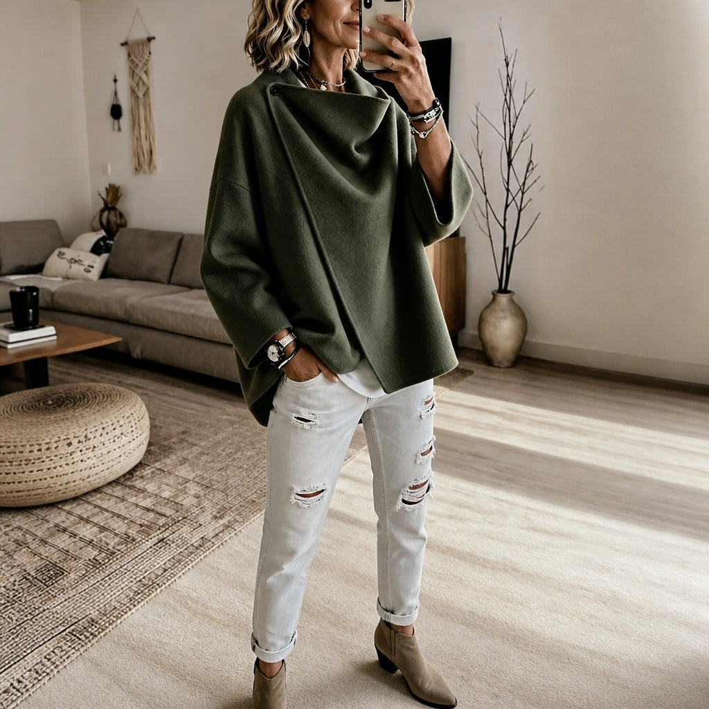 Magdalena | Cape Jacke mit Knopf Damen Oversize Drapierter Kragen