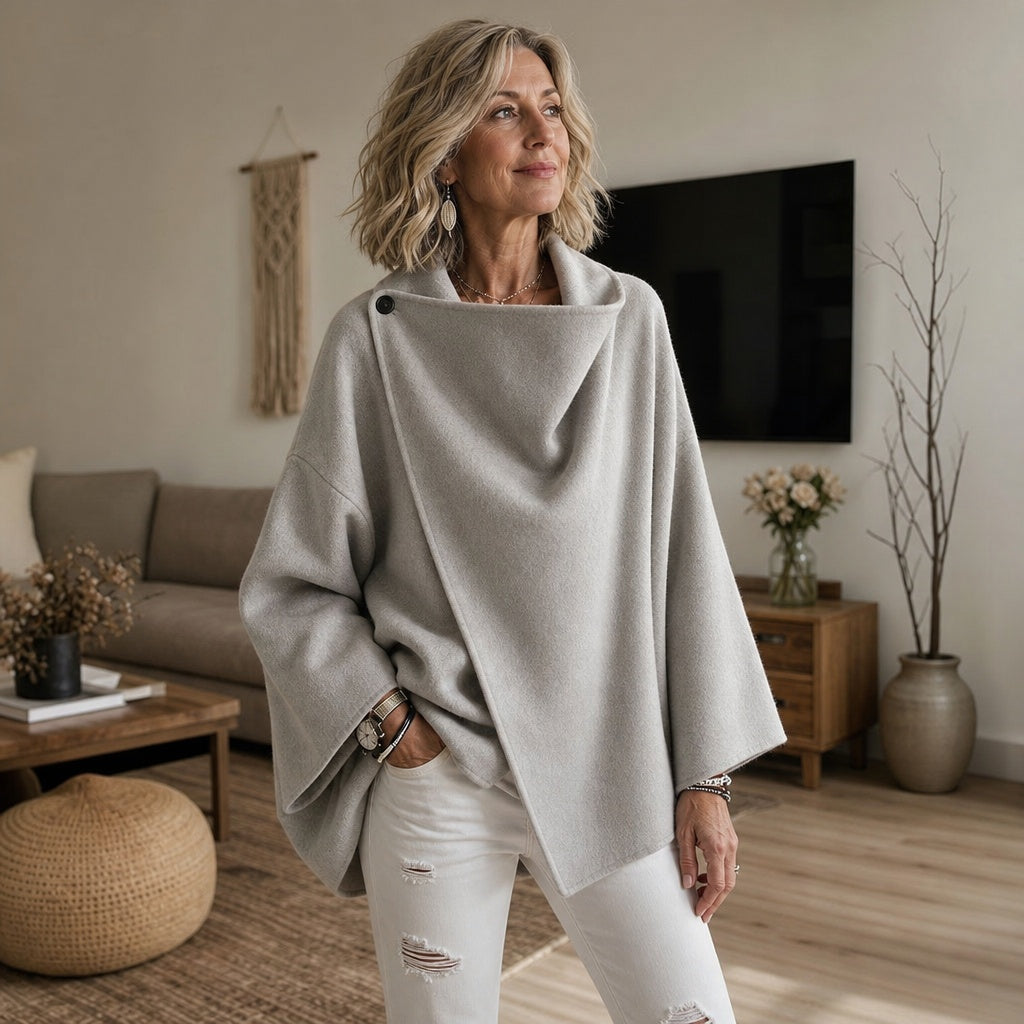 Magdalena | Cape Jacke mit Knopf Damen Oversize Drapierter Kragen