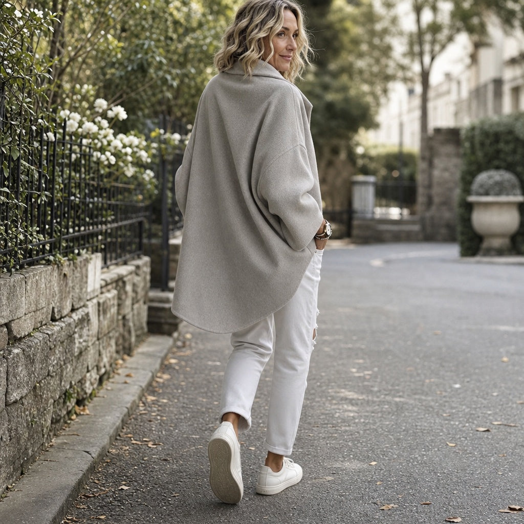 Magdalena | Cape Jacke mit Knopf Damen Oversize Drapierter Kragen