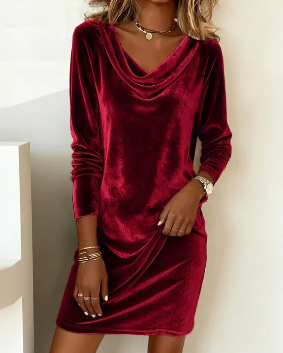 Margrit | Samtkleid Damen Elegant Langarm Wasserfallausschnitt