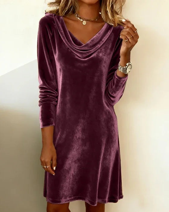 Margrit | Samtkleid Damen Elegant Langarm Wasserfallausschnitt