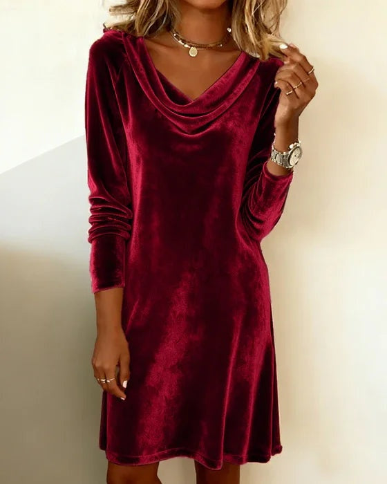 Margrit | Samtkleid Damen Elegant Langarm Wasserfallausschnitt