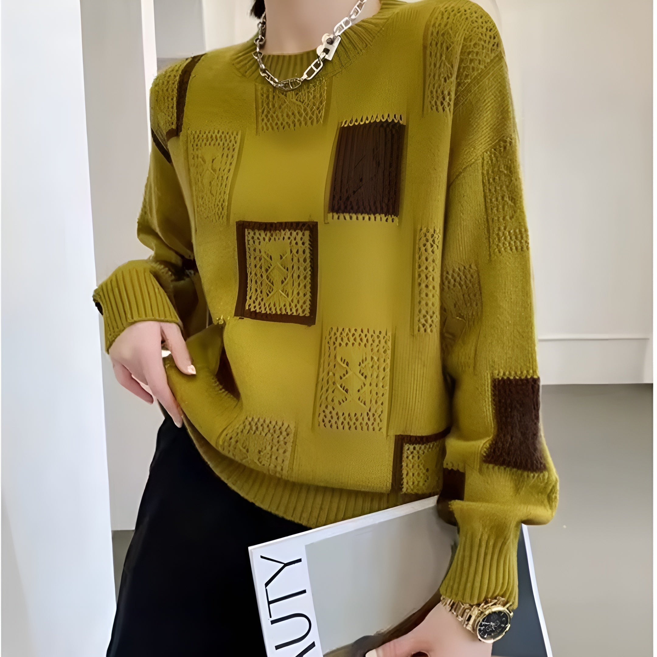 Marlene | Pullover Damen Strick Oversize Rundhals Patchwork