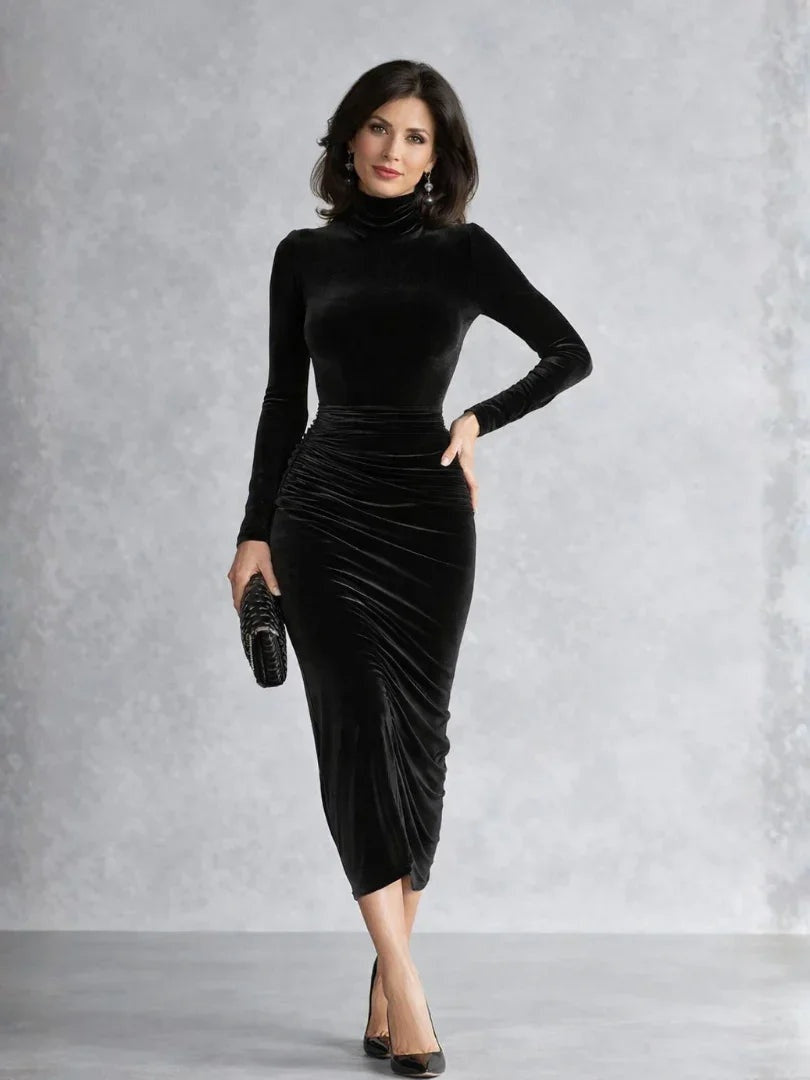 Marlene | Samtkleid Midi Damen Elegant Rollkragen Langarm