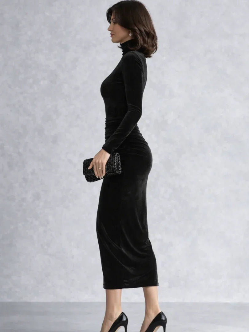 Marlene | Samtkleid Midi Damen Elegant Rollkragen Langarm