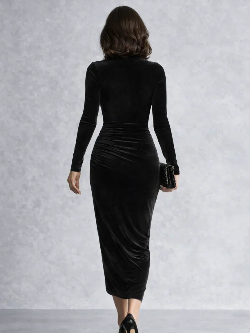 Marlene | Samtkleid Midi Damen Elegant Rollkragen Langarm